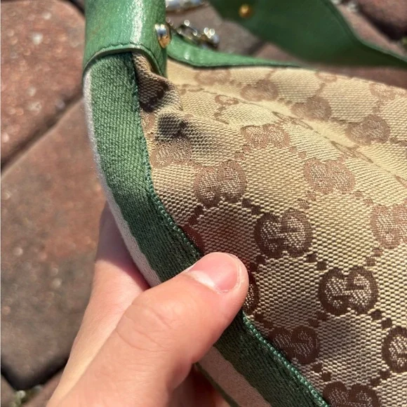 Vintage Gucci Shoulder Bag GG Pattern Bamboo 131036 Beige Brown Green Leather - Picture 3 of 16
